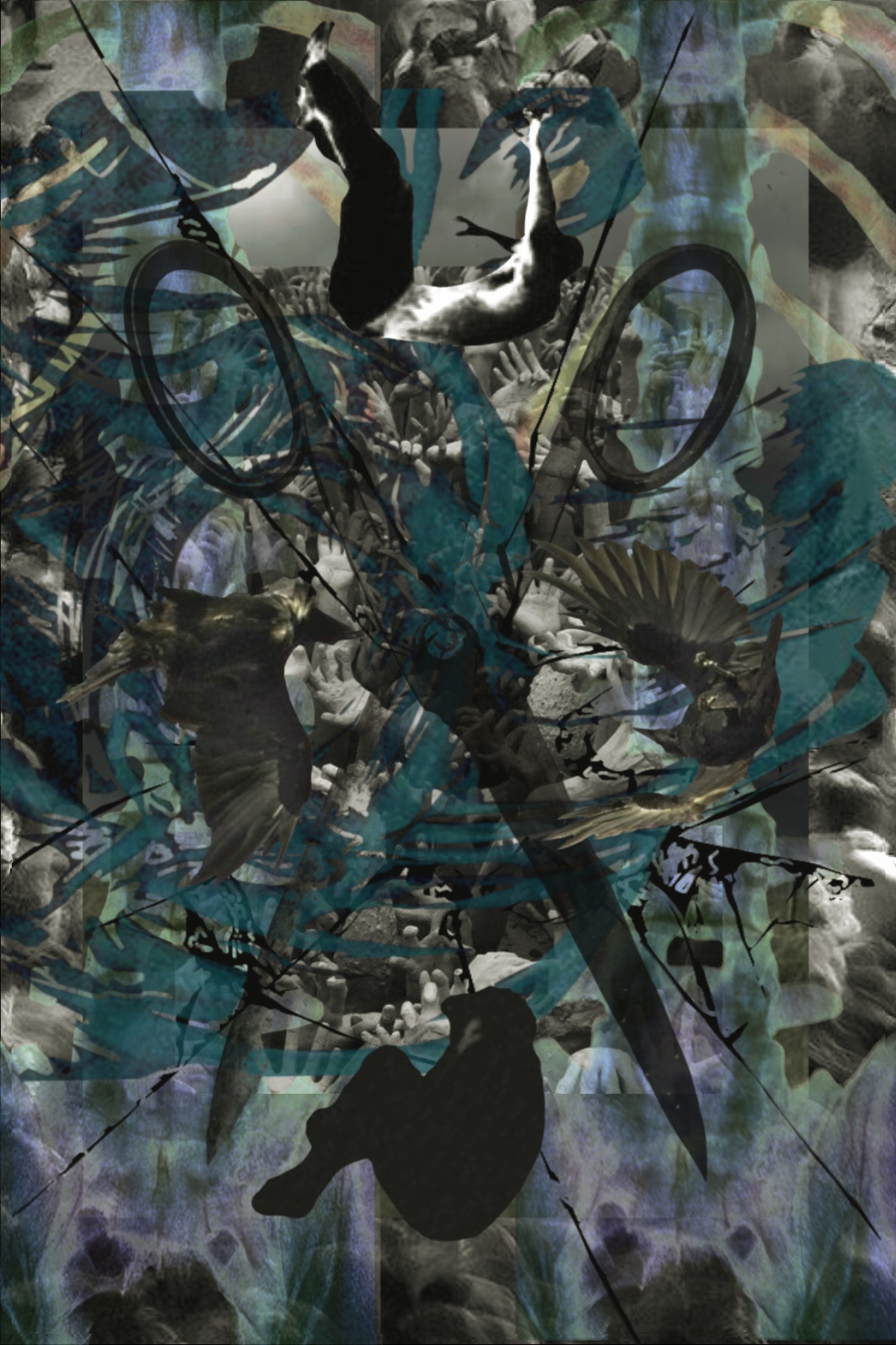 blue digital collage containing images of people falling, birds flying, and a pair of scissors