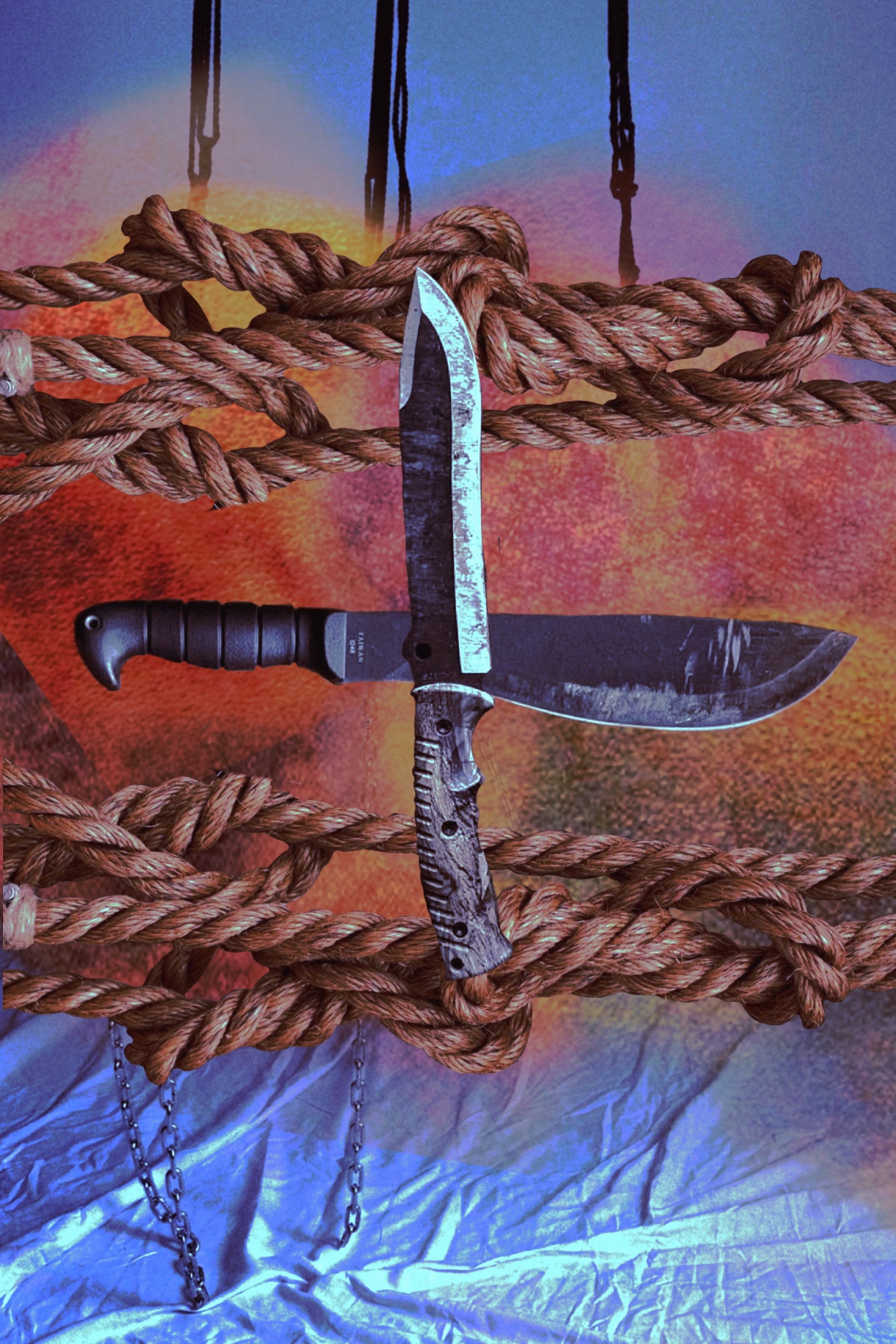 colorful digital collage containing images of rope, machetes, bruises, bed sheets, and chains