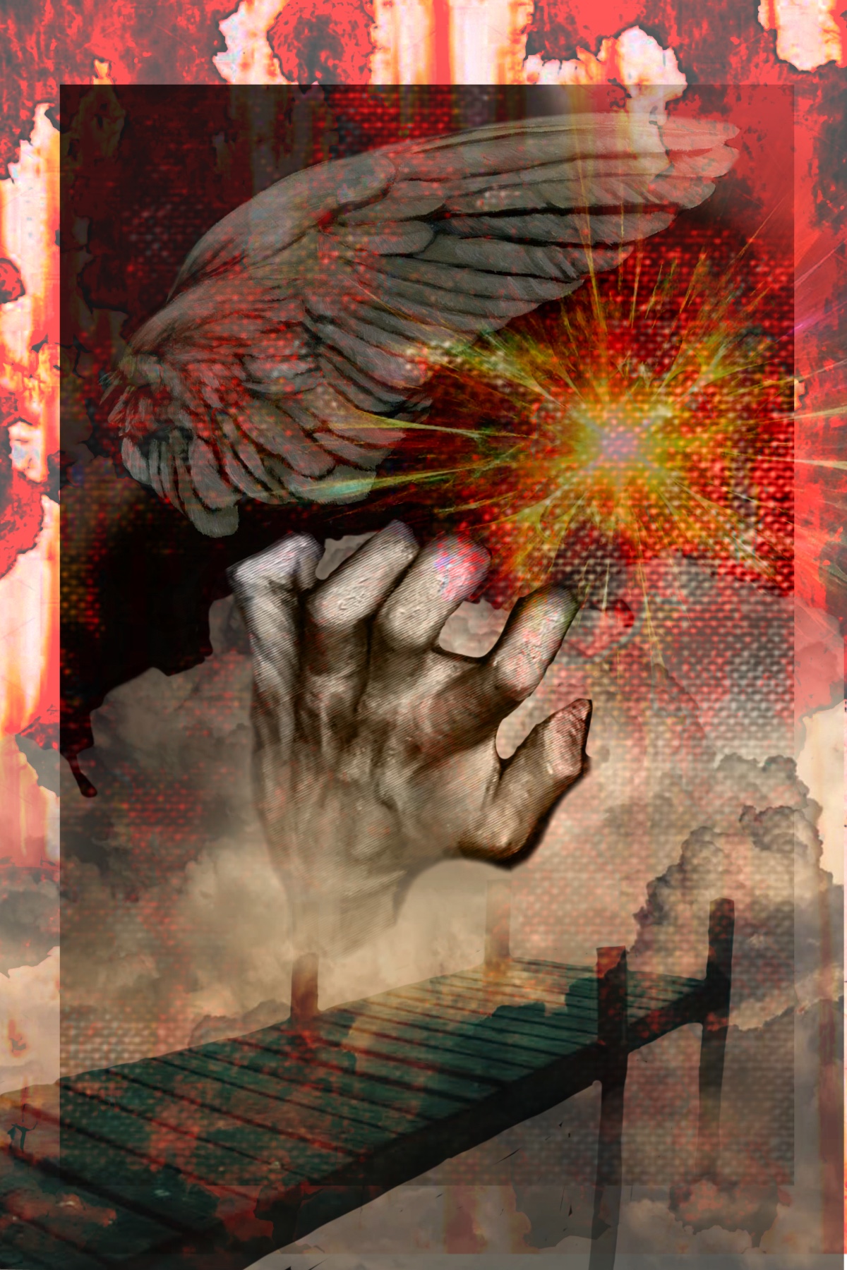 digital collage featuring images of bridge, hand, and wing on top of clouds and a bursting sun