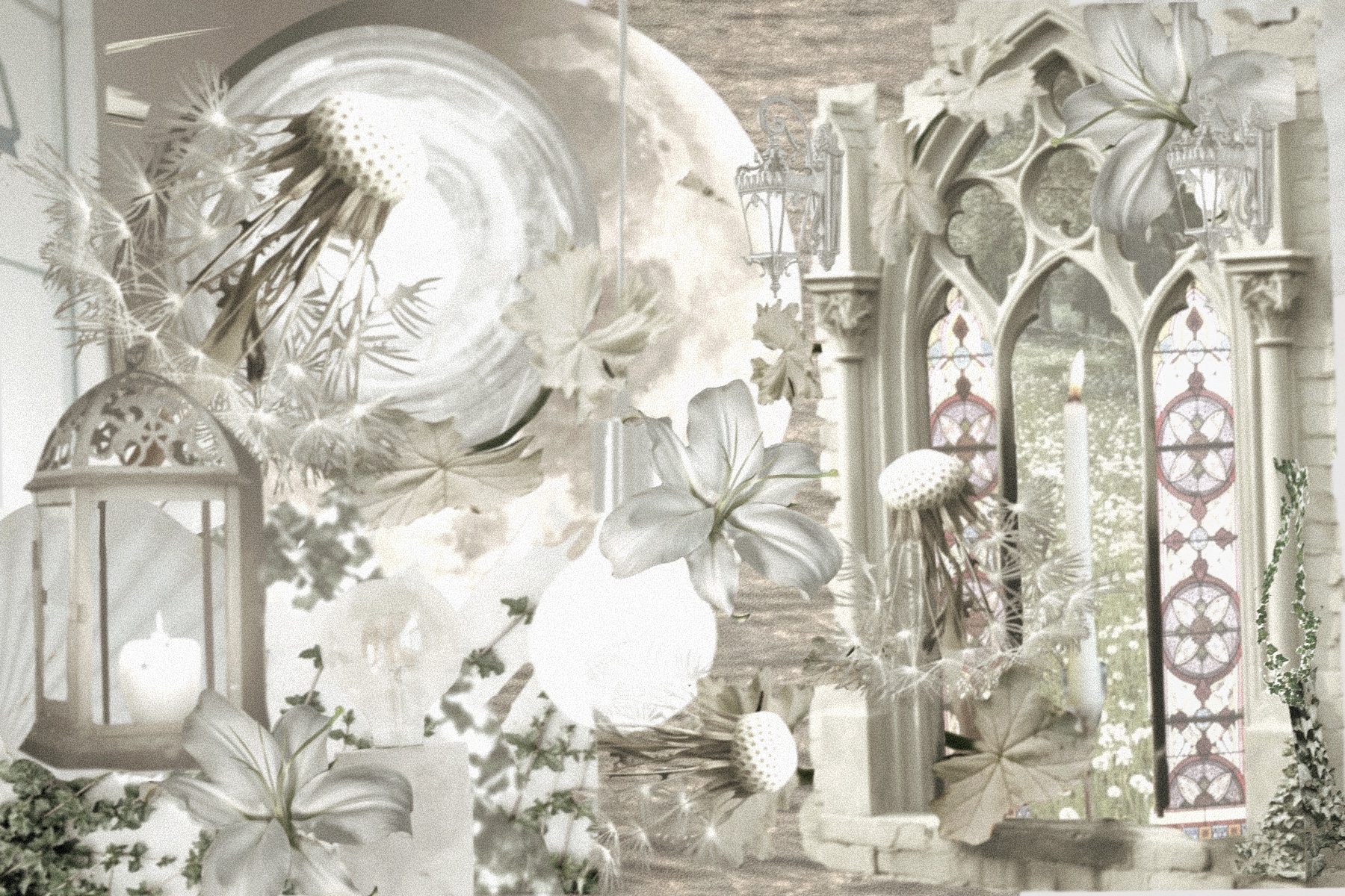 bright white digital collage containing diluted images of flowers, bridges, lanterns, stained-glass windows