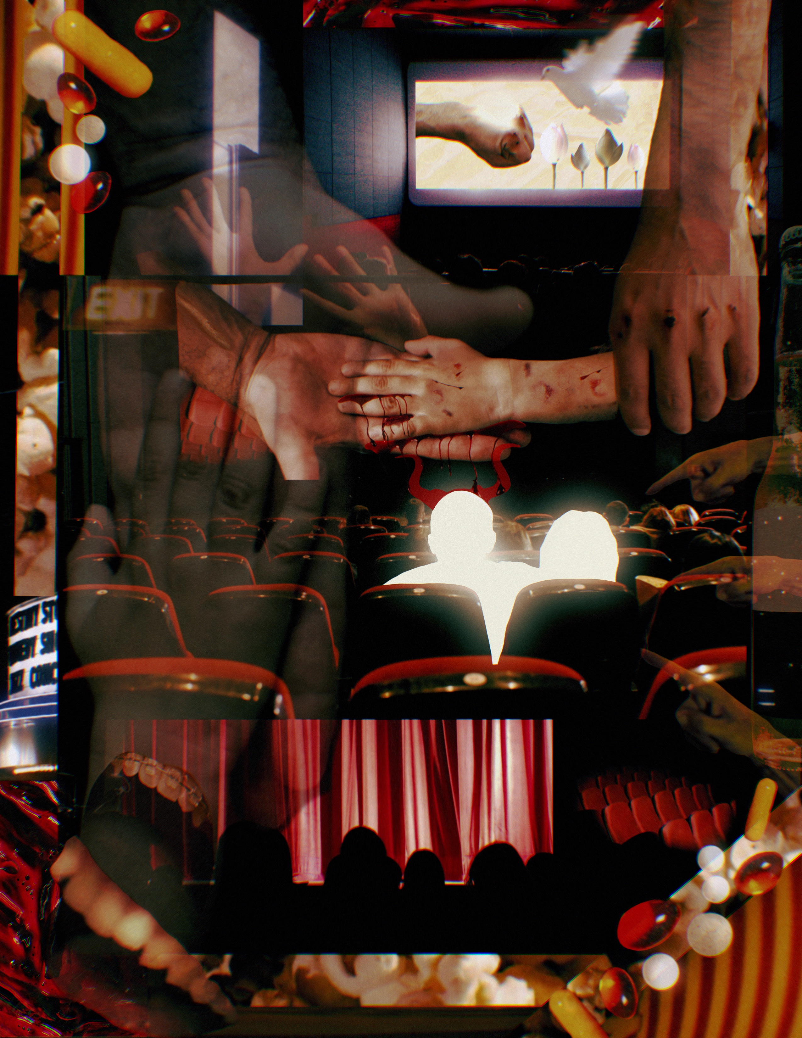 dark digital collage of a movie theater, featuring two people surrounded by images of popcorn, pills, alcohol, hands, screams, and laughter