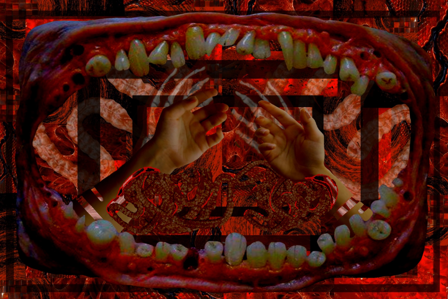 bright red digital collage containing images of intestines falling out of open arms, boxed in by a mouth full of teeth