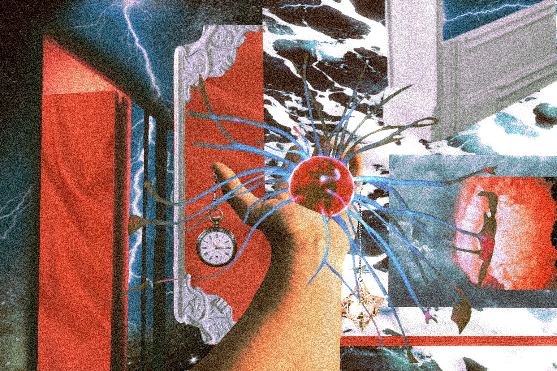 red and blue digital collage featuring a hand holding an electrical ball, on top of images of doors, waves, lightning, and time passing